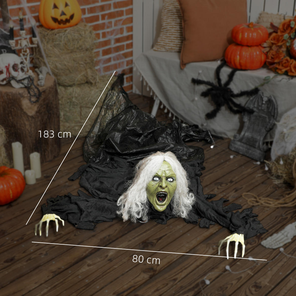 HALLOWEEN-DEKORATION Zombie-Alte 183 cm mit LED-Lichter, Soundfunktion - Schwarz, Textil (18/183/80cm) - Outsunny