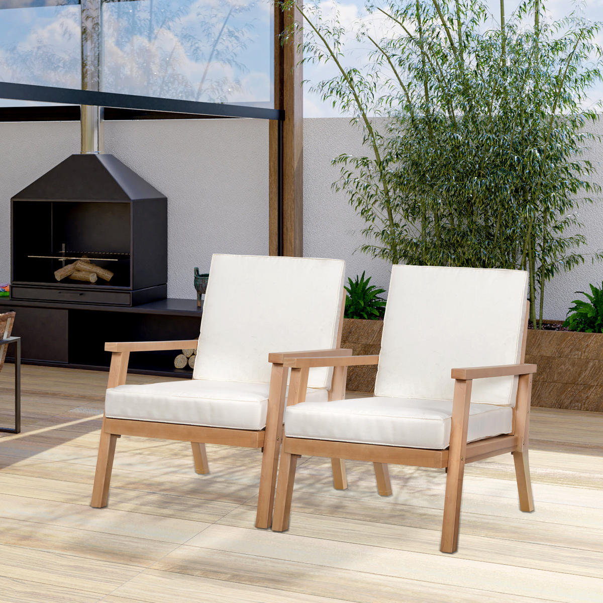 2ER-SET Gartenstühle mit Kissen Gartensessel Set Gartenstuhl aus Pappelholz - Beige/Braun, Holz/Kunststoff - Outsunny