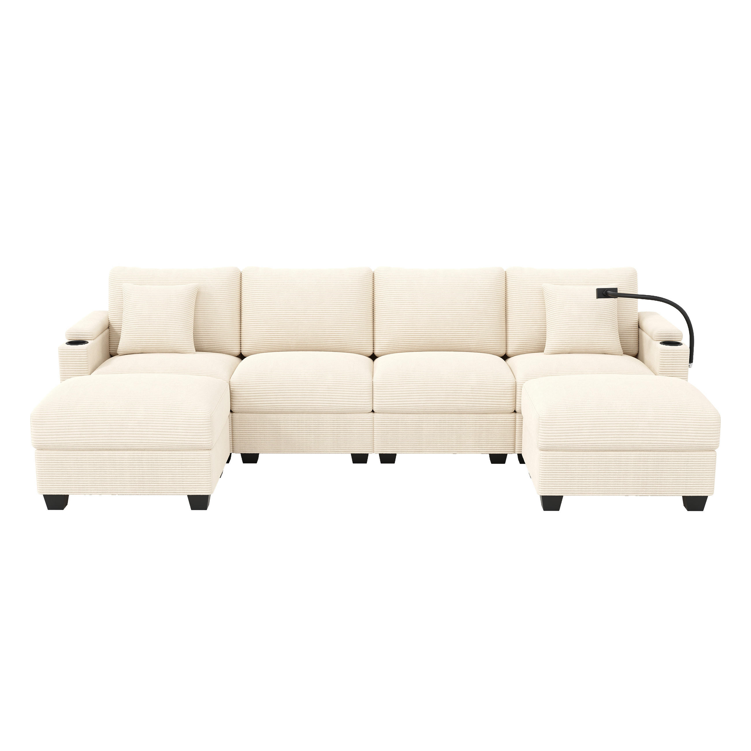 WOHNLANDSCHAFT Cord Beige mit USB, USB-C und Stauraum - Beige, Holzwerkstoff/Kunststoff (275.5/87/139cm) - WISHDOR