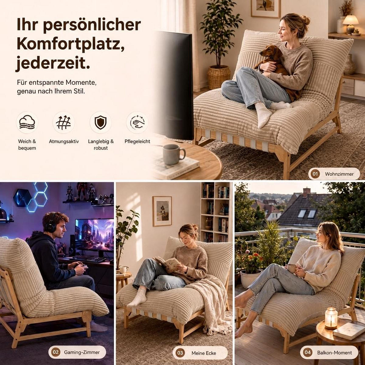 XXL-SESSEL Cord mit Holzrahmen, Breites Kissen, Hellbraun - Hellbraun, Holz/Textil (117/94/114cm) - LVHOM