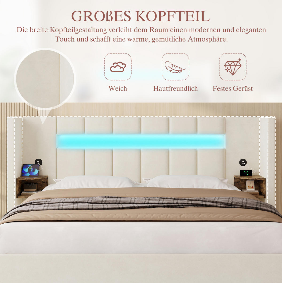 BETT mit USB, LED und Stauraum 180x200 cm Samt Beige - Beige, Metall (180/200cm) - Meubliv