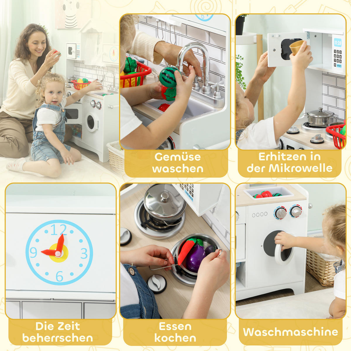 KINDERKÜCHE Spielküche mit Ofen Spüle Soundfunktion und Zubehör Spielzeugküche - Weiß, Holzwerkstoff (24/79.5cm) - AIYAPLAY