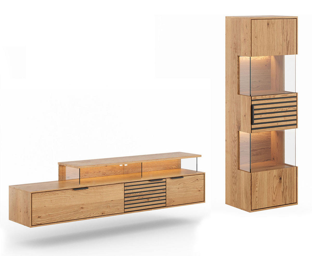 WOHNWAND Tirano 2er-Set Eiche Natur / Lamellen schwarz - Eichefarben/Multicolor, Holz/Metall (243/142/39cm) - Feldmann-Wohnen