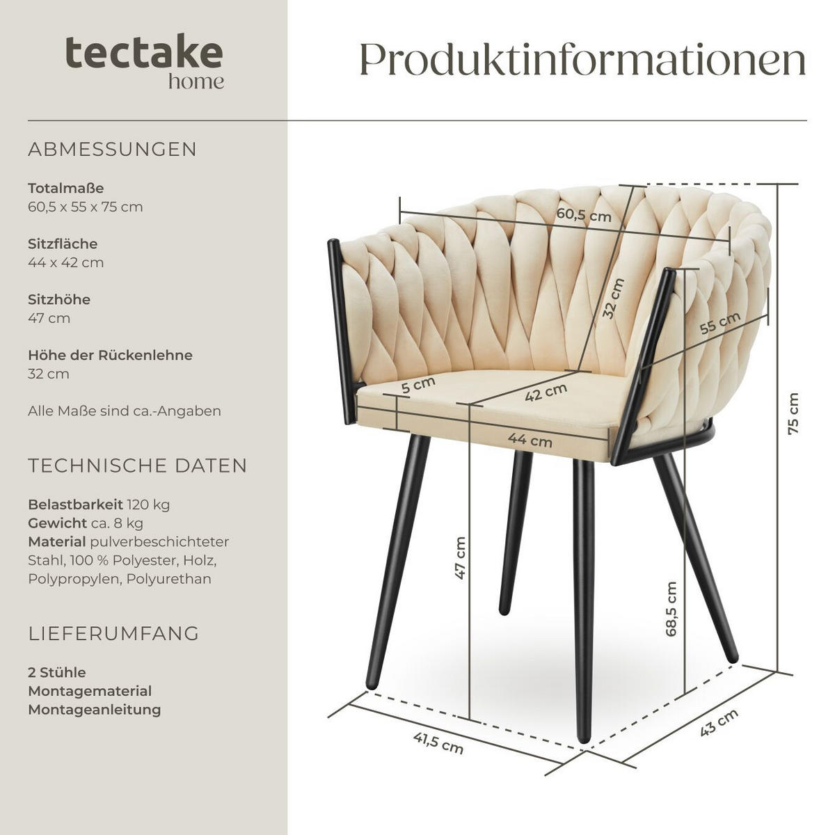 ESSZIMMERSTUHL 2er Set Astano 60 5 x 55 x 75 cm Sand - Sandfarben, Textil (60.5/75/55cm) - tectake