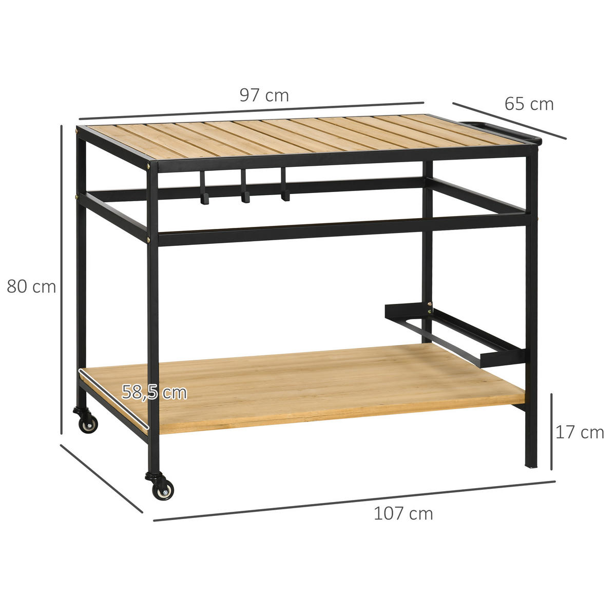 SERVIERWAGEN, Gartenrollwagen mit 2 Regalen, Haken, Rollen, Stahl, Tannenholz, Natur - Fichtefarben, Holz/Metall (65/80/107cm) - Outsunny