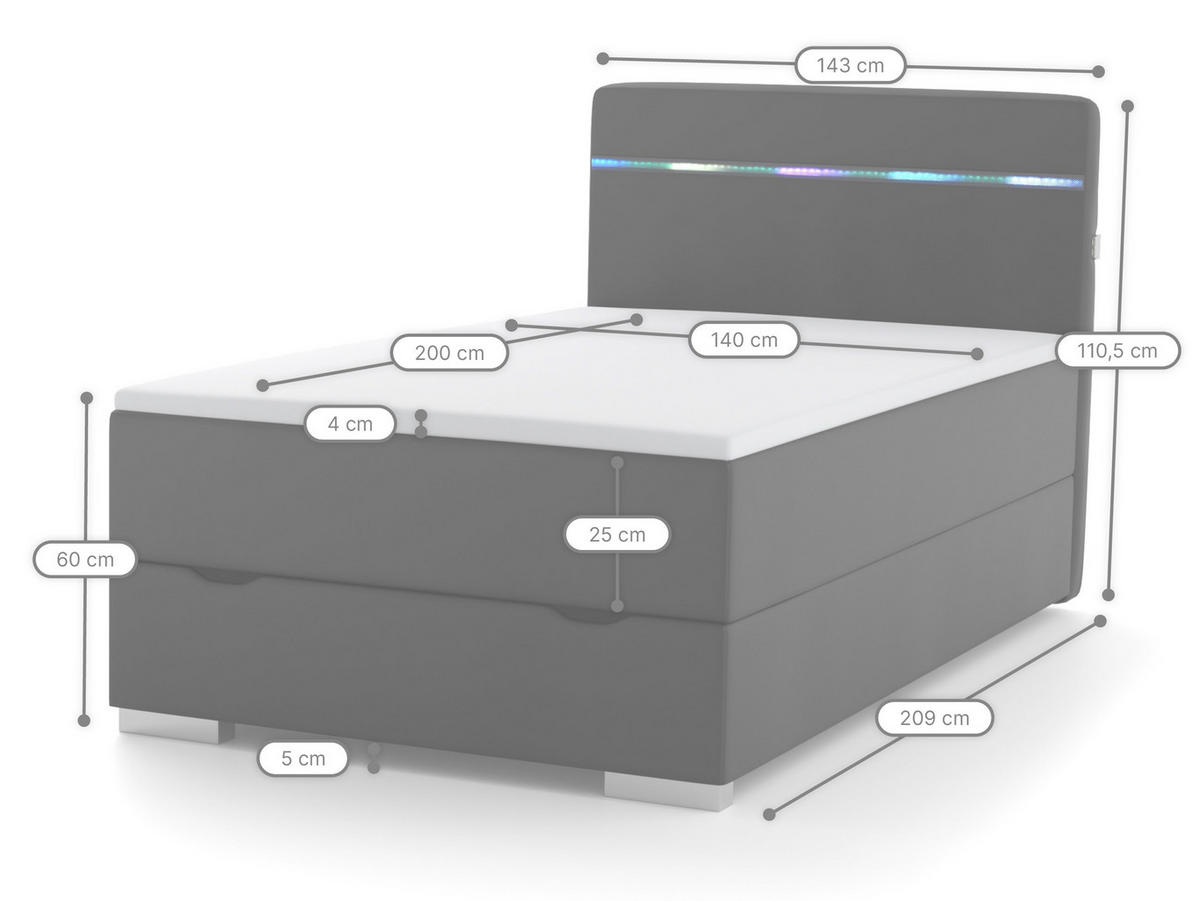 BOXBETT Monza anthrazit 140/200 cm LED Stoff - Anthrazit, Textil (140/200cm) - wonello