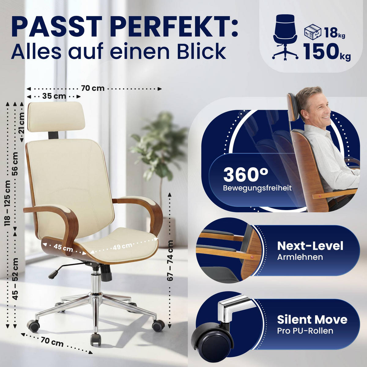 DREHSTUHL Lederlook Walnuss/Creme - Walnussfarben/Creme, Textil/Metall (70/118/70cm) - CLP