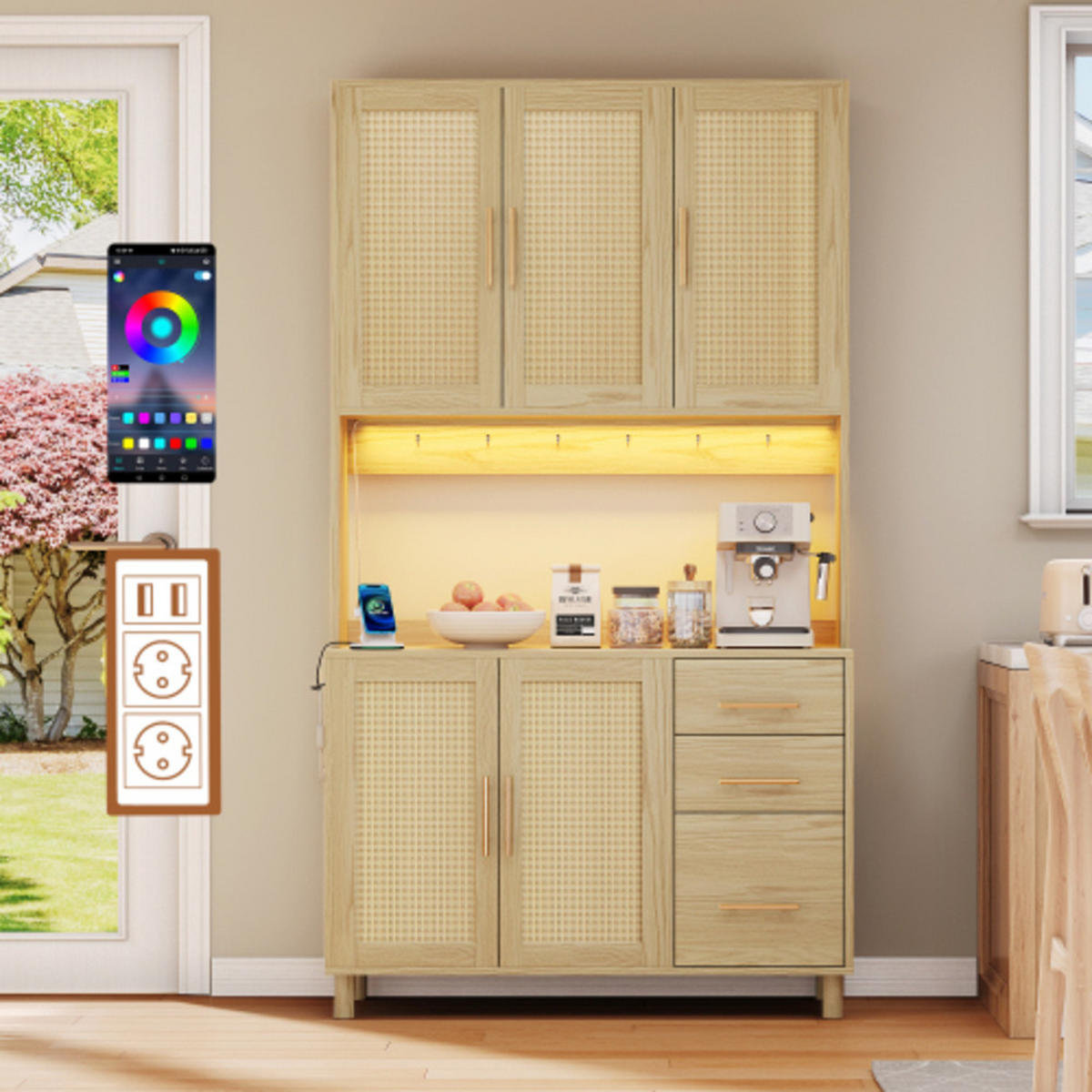 KÜCHENSCHRANK Naturoptik aus MDF mit Rattanfront, LED-Beleuchtung und integrierten Steckdosen 100×40×183 cm - Naturfarben, Holzwerkstoff (100/183/40cm) - Luhomfu