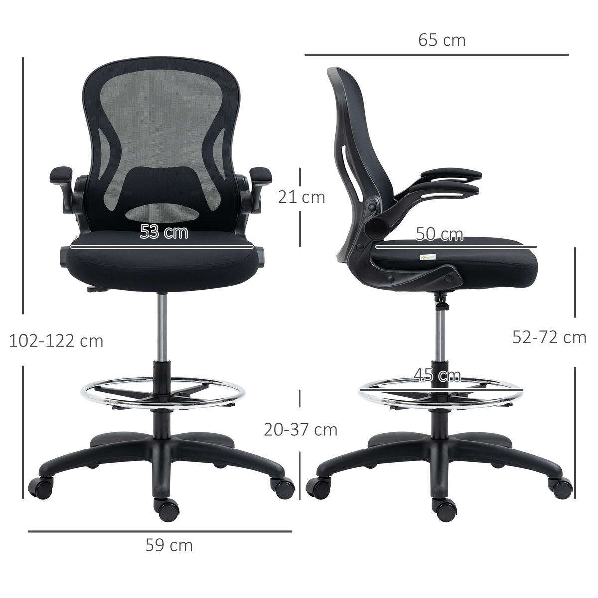 ZEICHENSTUHL, Ergonomischer Bürostuhl, Drehstuhl, Arbeitsstuhl, Höhenverstellbar - Schwarz, Textil (65/122/59cm) - Vinsetto