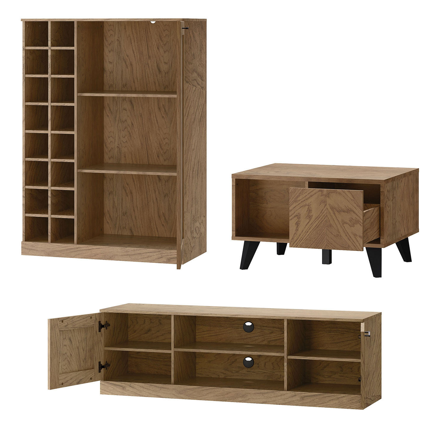 WOHNZIMMER-SET Cozy Eiche Rustikal 4-teilig - Eichefarben/Braun, Holz/Metall (260/140/60cm) - Feldmann-Wohnen