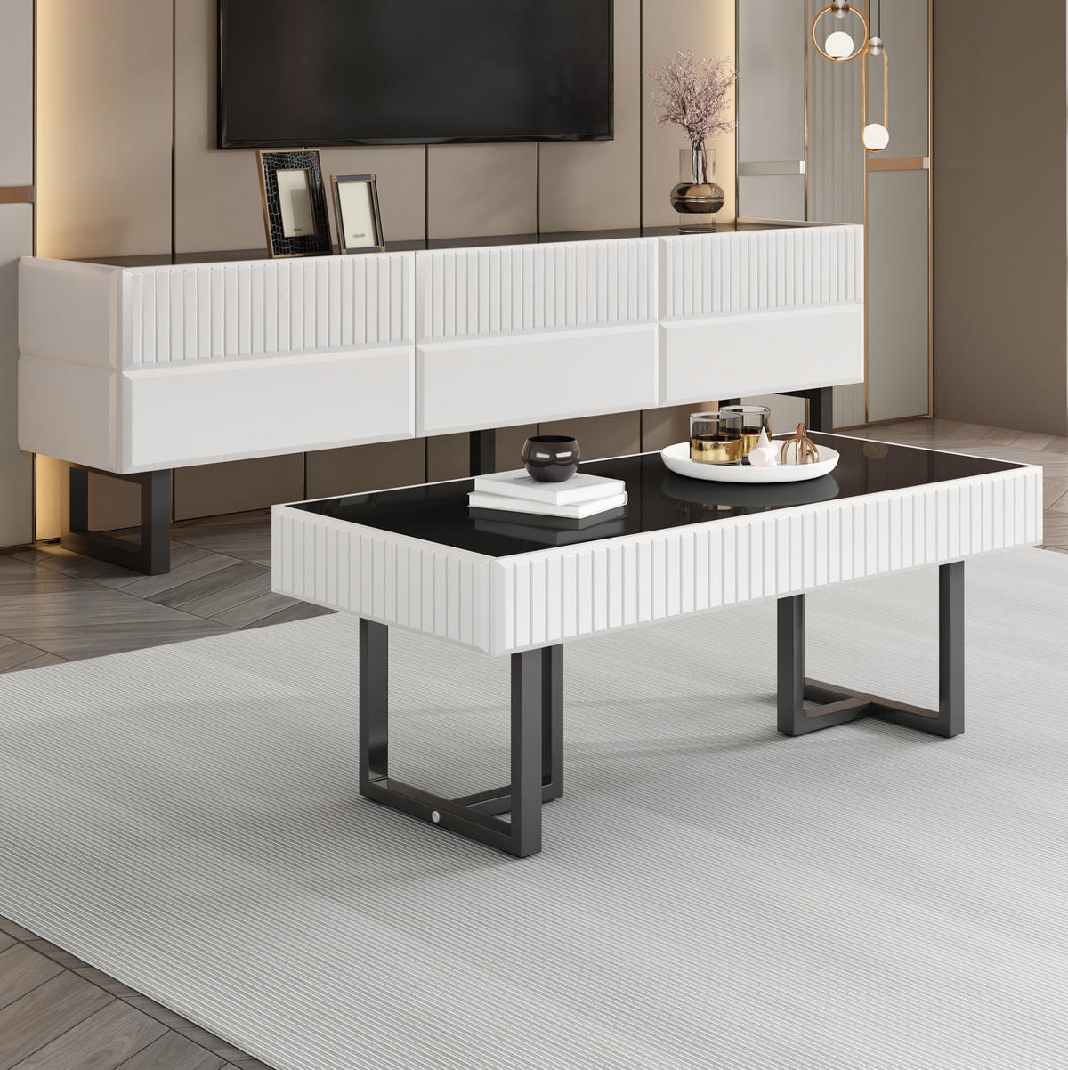 WOHNZIMMERMÖBEL-SET TV-Schrank und Couchtisch Schwarz/Weiß 2-tlg. - Schwarz, Holzwerkstoff (50.5/41/110cm) - Beauniv