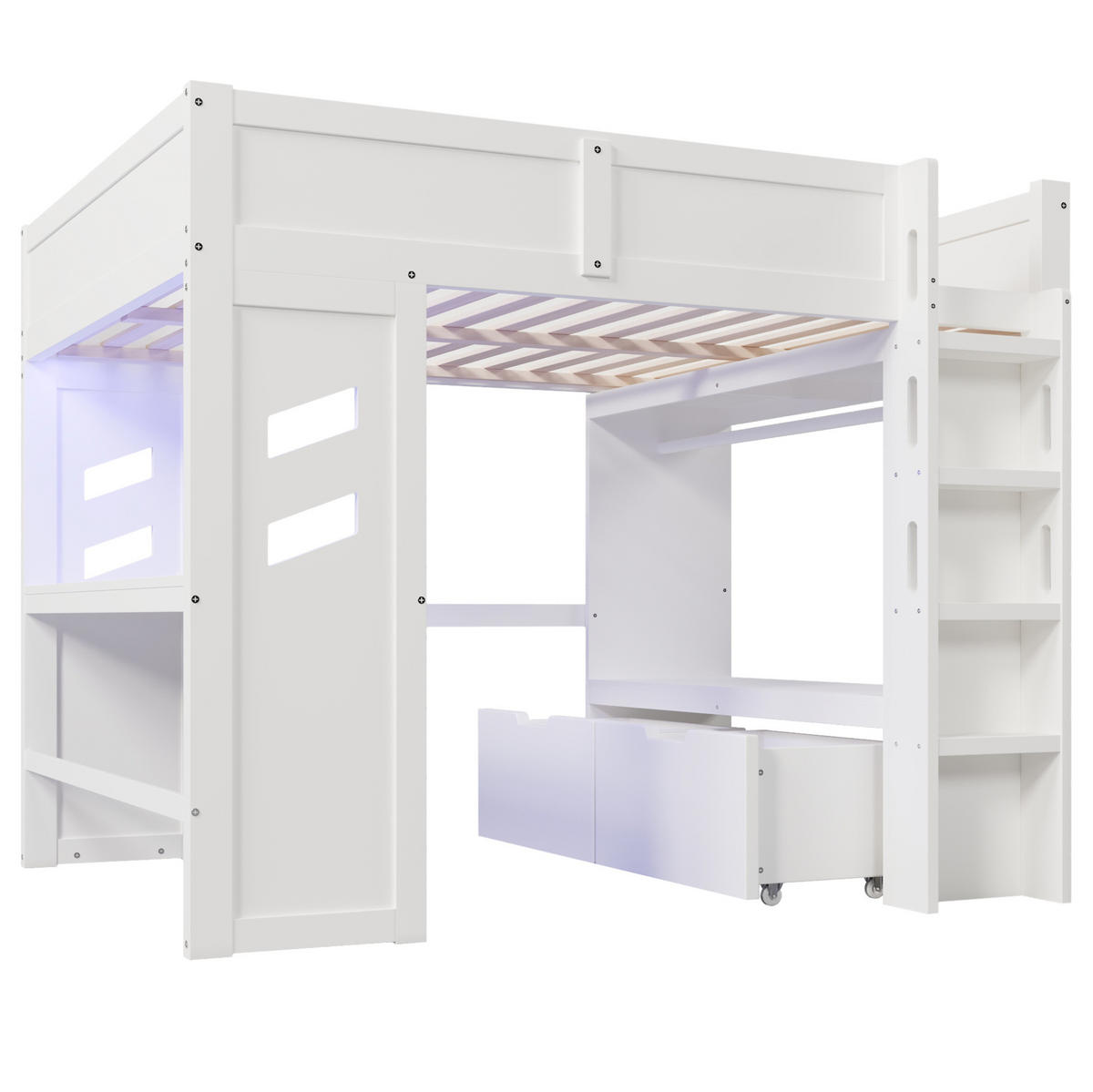 HOCHBETT 140/200 cm, Weiß mit Schreibtisch, LED-Lichtleiste - Weiß, Holz (140/200cm) - MIVRAY