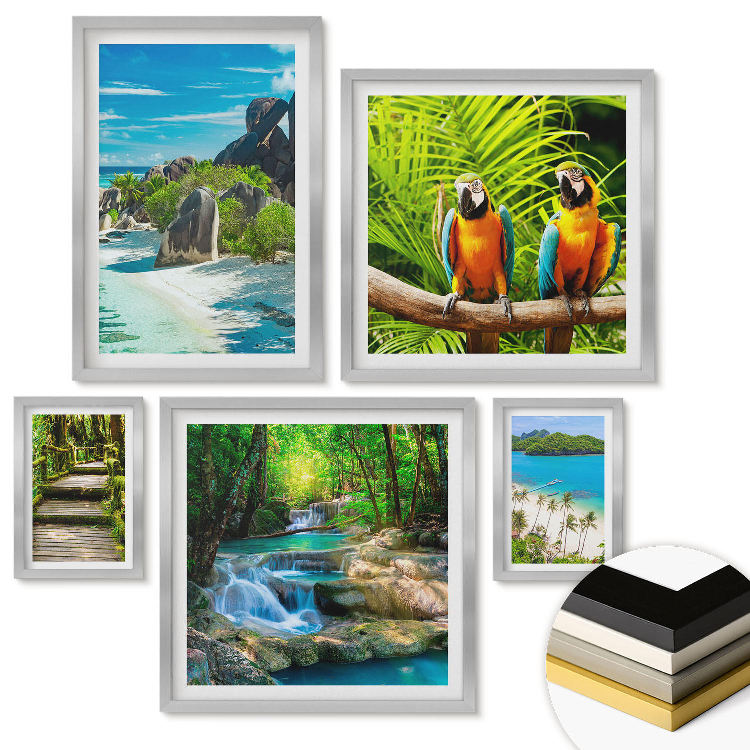 WANDBILDER 5er Set - 50x50 cm & 20x30 cm & 40x60 cm Silberner Rahmen - Strand, Boot, Wasserfälle, Palmen - Silberfarben, Kunststoff (40/60cm) - ArtPrintCave