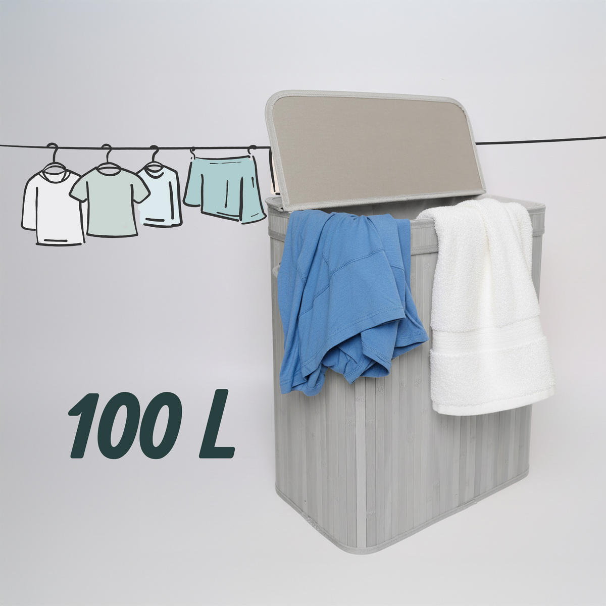 KÔŠ na prádlo - sivá, drevo/textil (32/52/63cm) - Relaxdays