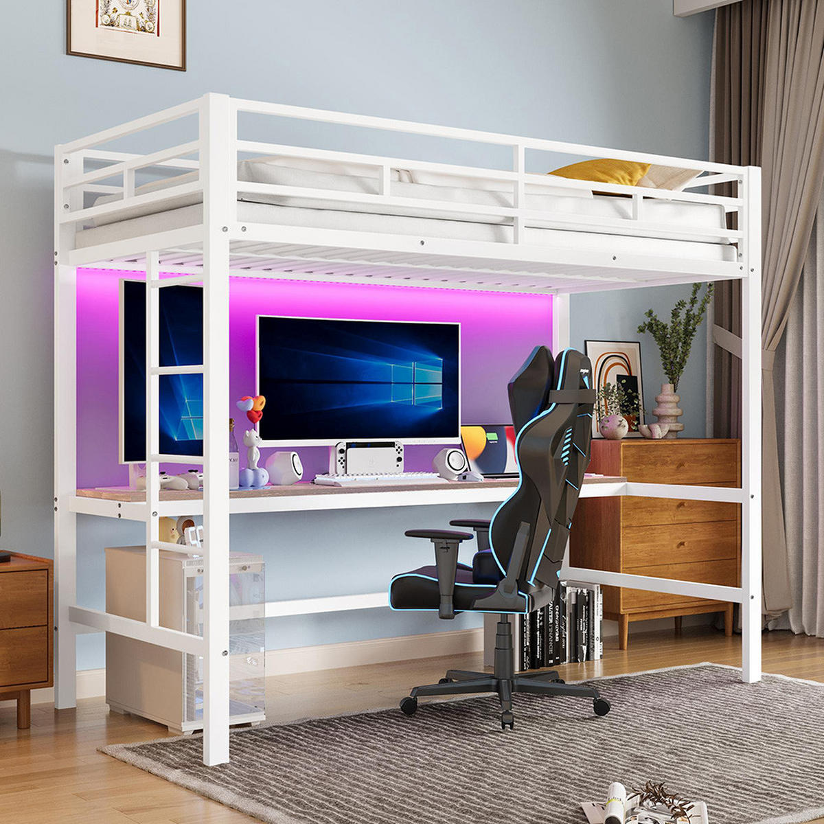 HOCHBETT 90x200cm mit mit USB und Steckdose，Weiß - Weiß, Metall (90/200cm) - KOMHTOM