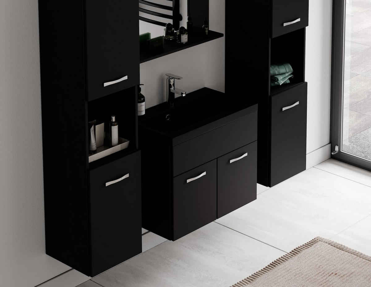 BADMÖBEL-SET Montreal 5 Teile Schwarz Matt - Schwarzes Waschbecken - 60 x 35 x 51 cm - Chromfarben/Schwarz, Holz/Metall (60/51/35cm) - Badplaats