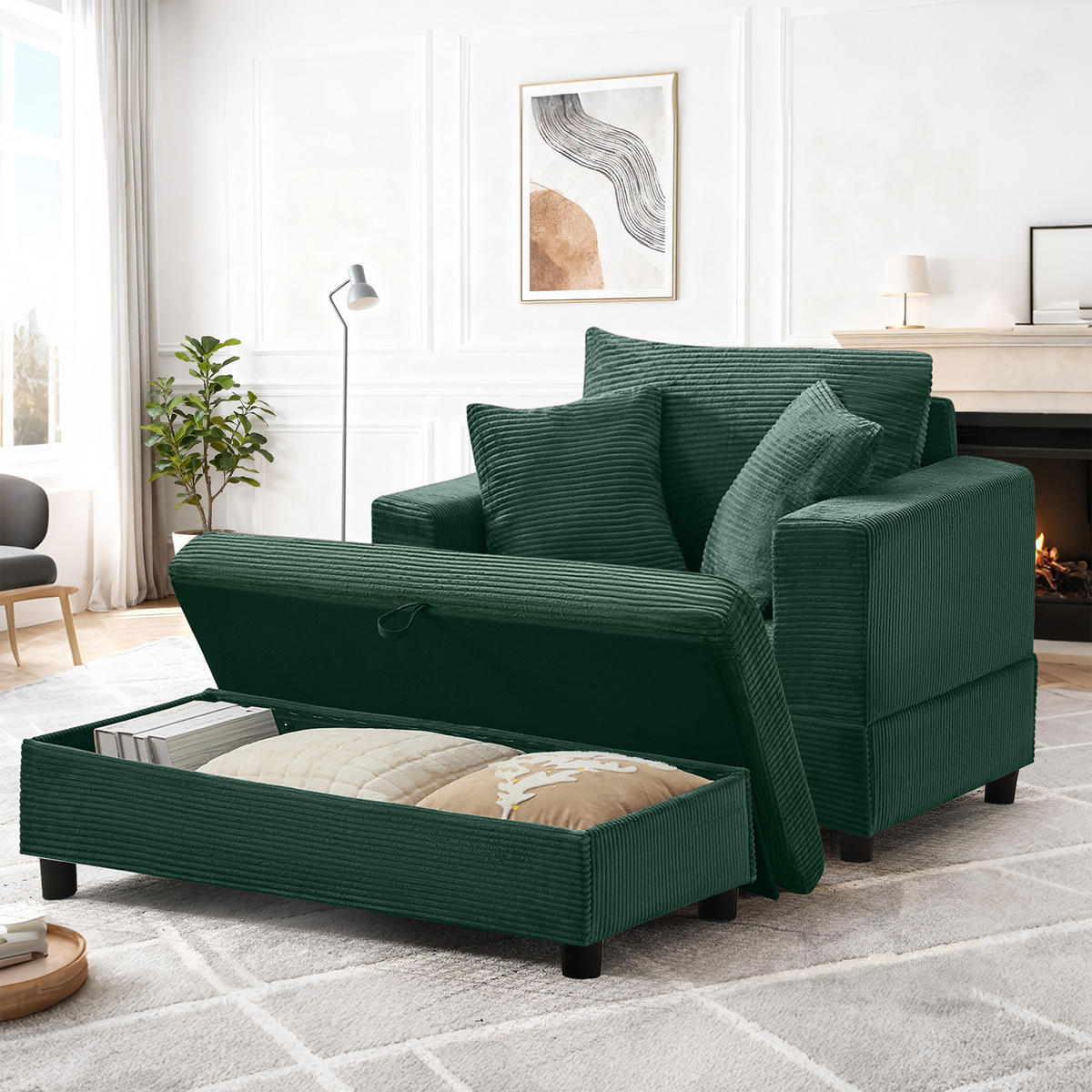 SOFA Cord Smaragdgrün mit Stauraum und mit Kissen - Smaragdgrün, Holzwerkstoff/Kunststoff (137.5/89/81cm) - WISHDOR