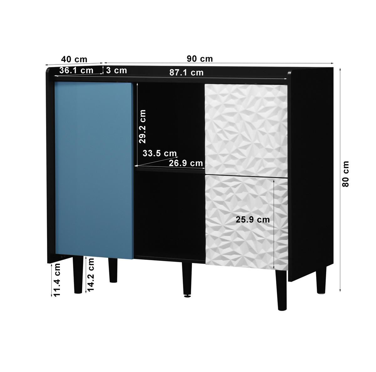 SIDEBOARD aus MDF 40x90x80 cm Schwarz/Blau mit 2 Schubladen, offenem Stauraum und Schrankfach - Schwarz, Holzwerkstoff (90/80/40cm) - Modfu