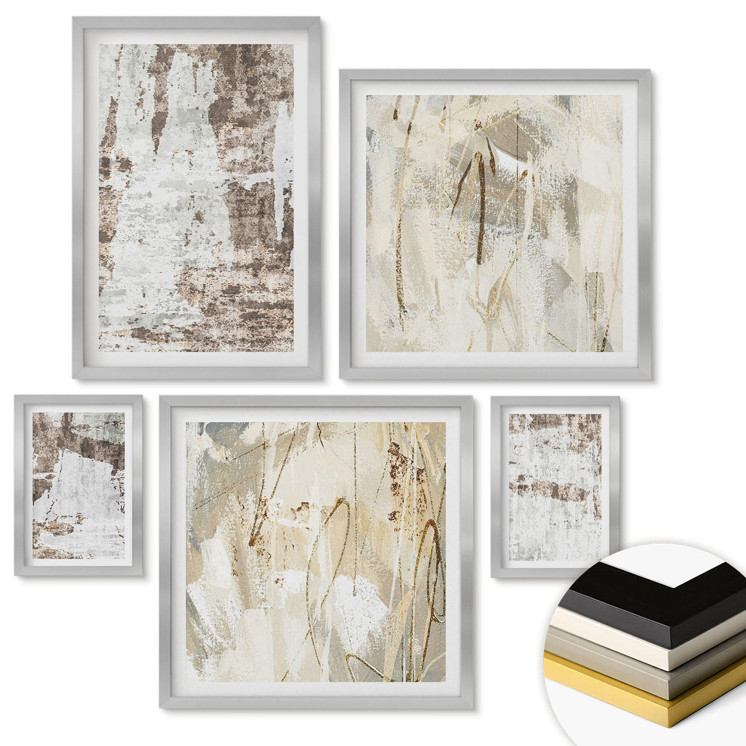 WANDBILDER 5er Set - 50x50 cm & 20x30 cm & 40x60 cm Silberner Rahmen - Abstrakte Muster, weiß, braun - Silberfarben, Kunststoff (40/60cm) - ArtPrintCave