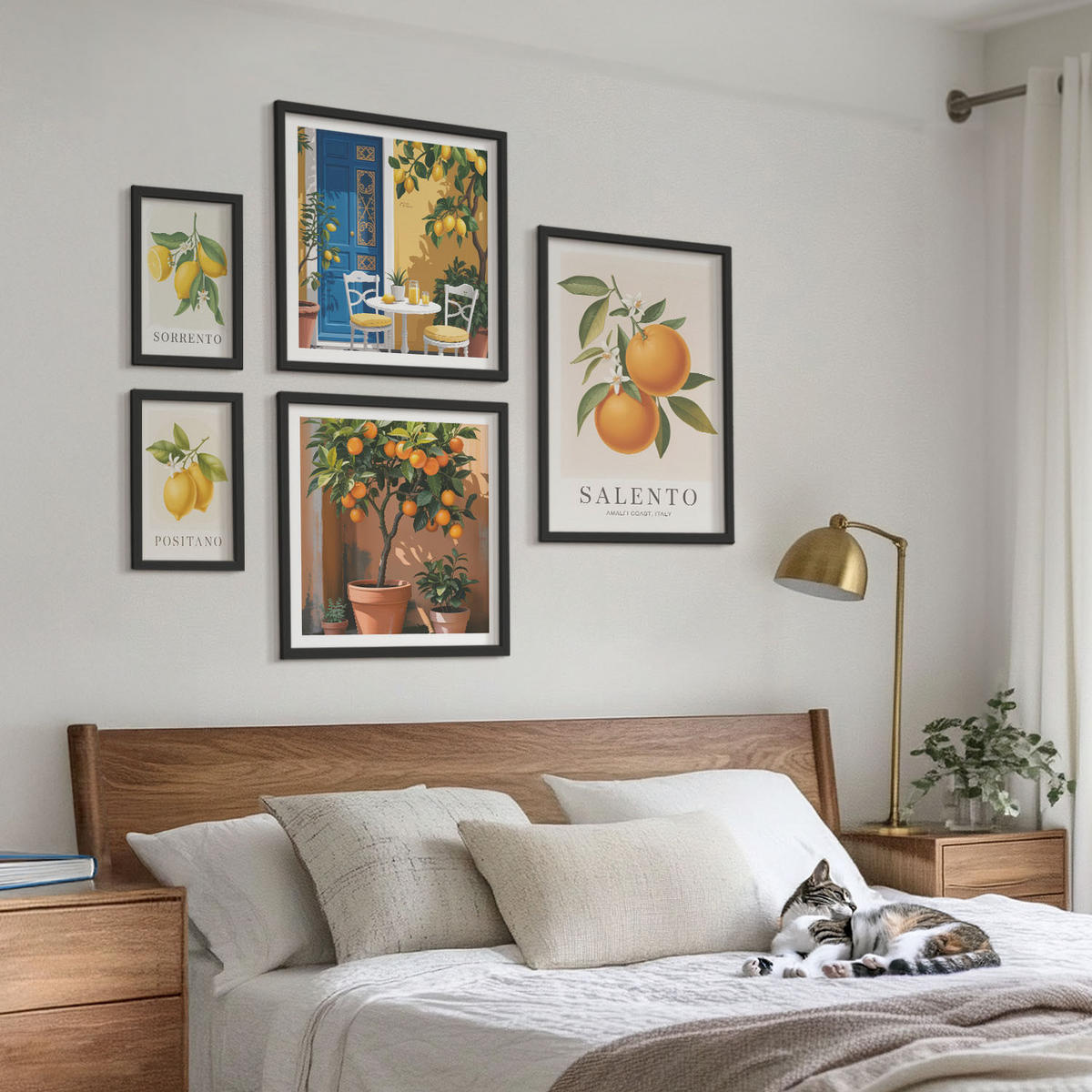 BILDER SET 5er Set - 50x50 cm & 20x30 cm & 40x60 cm Schwarzer Rahmen - Zitronenorange Blütenmuster - Schwarz, Kunststoff (40/60cm) - TULUP