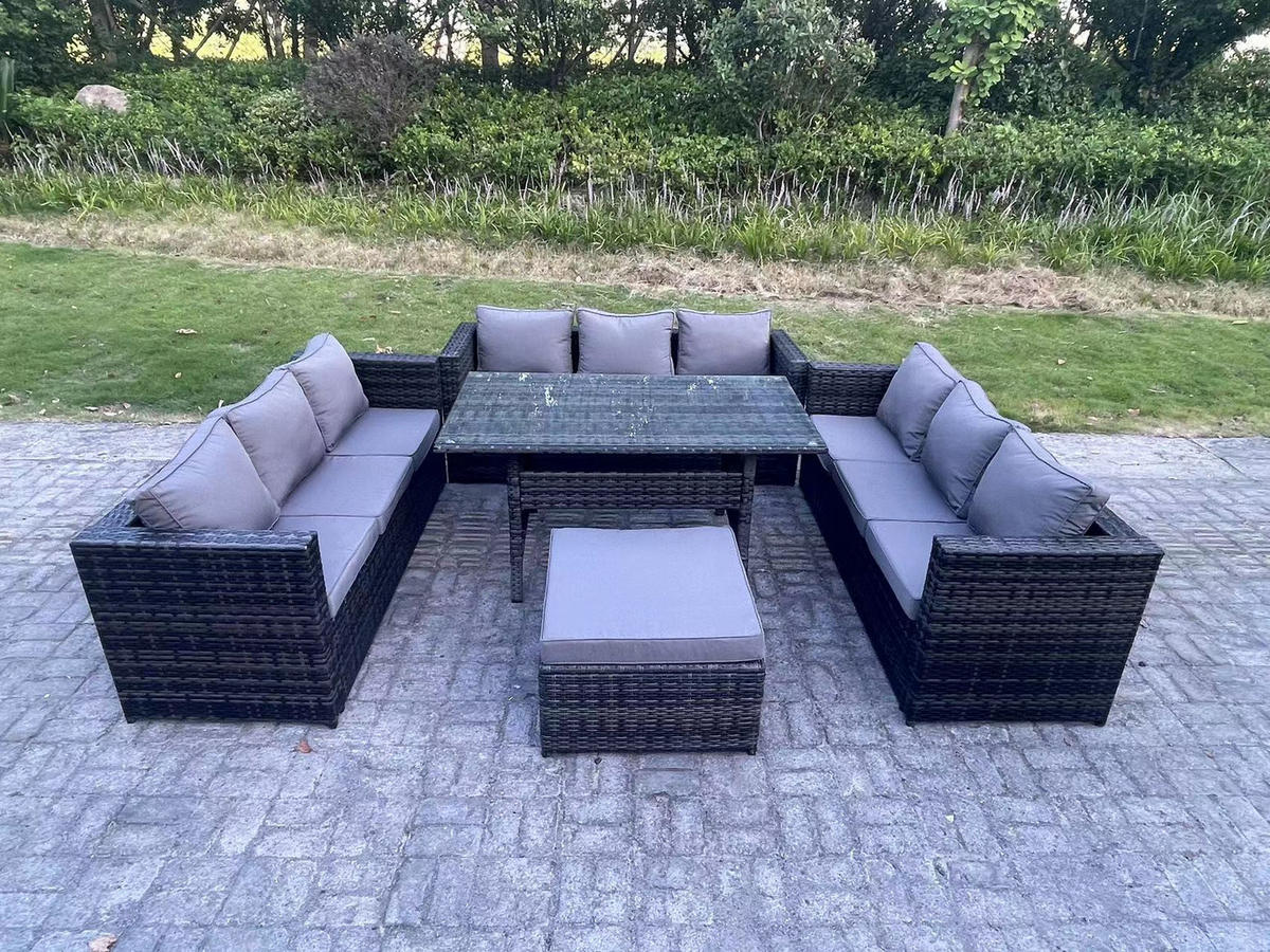 GARTENMÖBEL SET mit Hocker,Esstisch Polyrattan 10-Sitzer - Dunkelgrau/Grau, Glas/Kunststoff - Fimous
