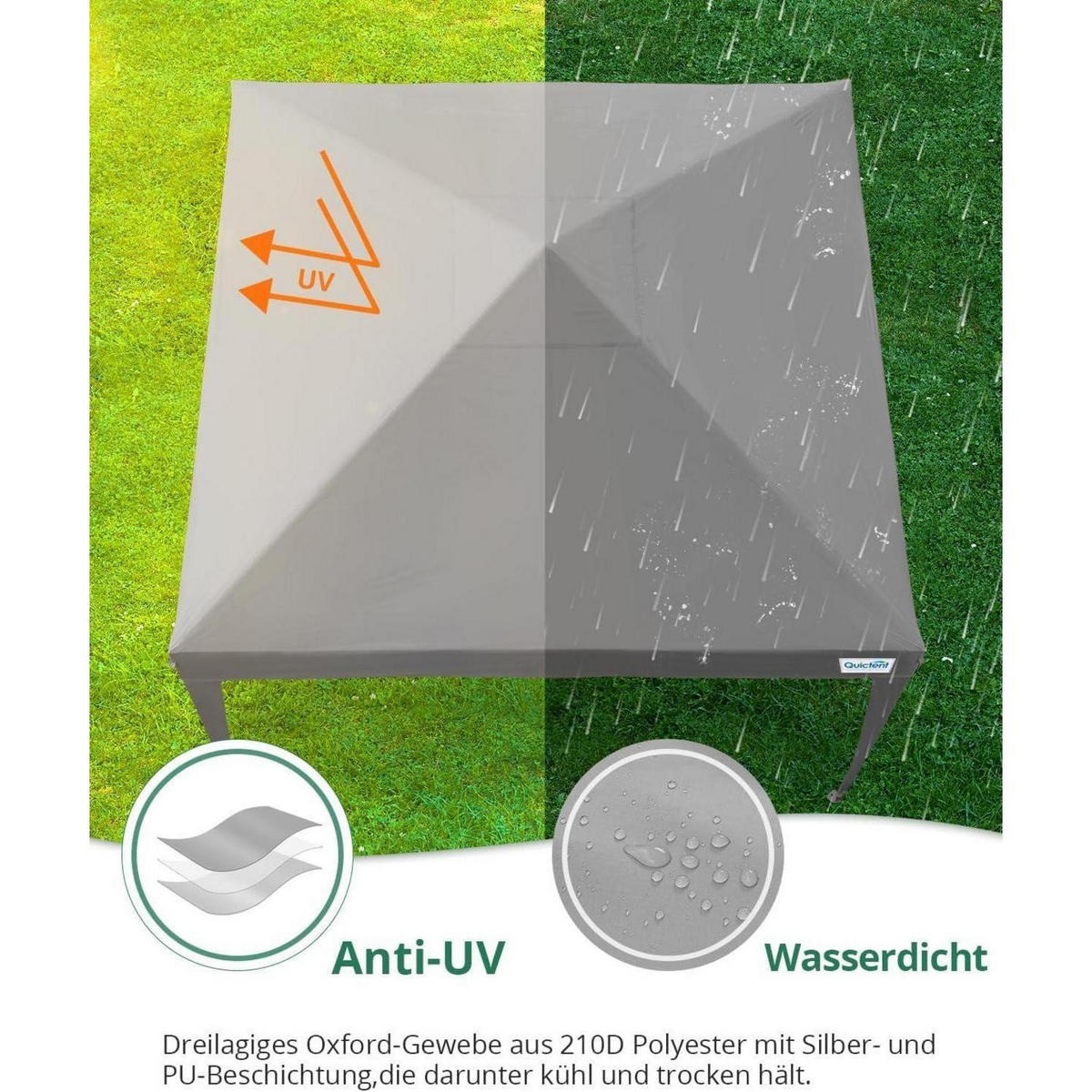 FALTPAVILLON 3 x 3 m Grau wasserdicht mit Seitenwänden UV-Schutz 50+ - Grau, Textil (294/265/294cm)
