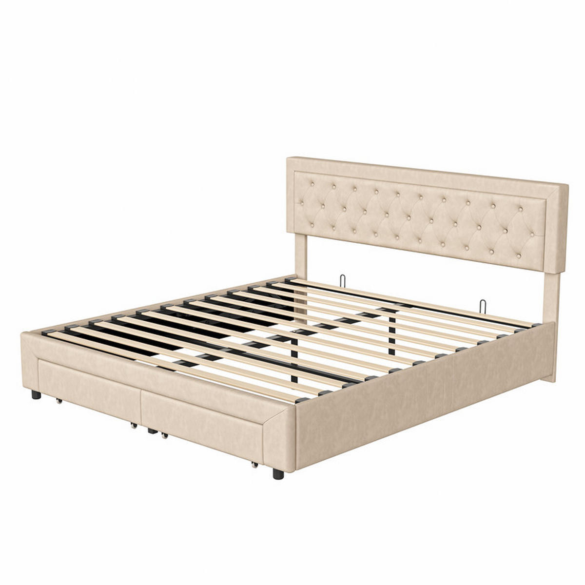 POLSTERBETT 160x200cm, Beige, Samt, mit Schubladen und Lattenrost, ohne Matratze - Beige, Holz (160/200cm) - WoodenAura