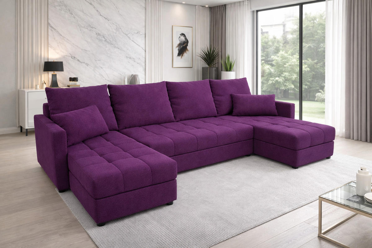 WOHNLANDSCHAFT AURELIA – Ecksofa in U-Form mit Schlaffunktion, Bettkasten & Kissen Stoff KRONOS 287 cm Violett - Violett, Kunststoff (287/140cm) - Wohnideebilder