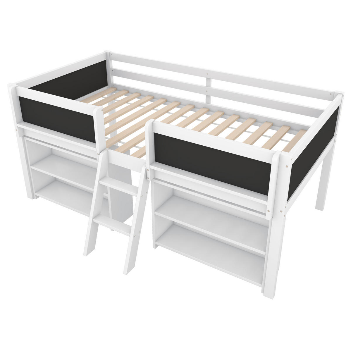 HALBHOHES BETT 90/200 cm, Weiß mit Stauraum, Leiter, ohne Matratze - Weiß, Holz (90/200cm) - MIVRAY