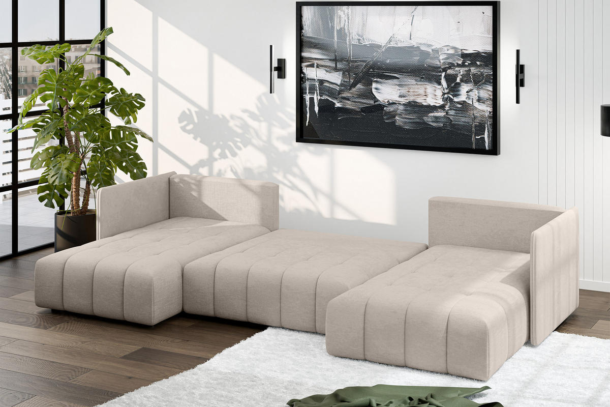 WOHNLANDSCHAFT Veliro U Hellbraun 353/180/83 cm mit Schlaffunktion und Bettkasten - Hellbraun/Schwarz, Kunststoff/Textil (353/83/180cm) - AX Living