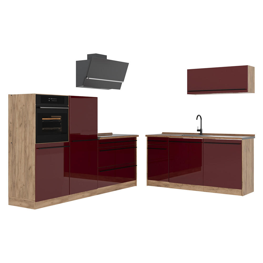 KÜCHENZEILE R-Line, Rot Hochglanz/Goldkraft Eiche, 220 cm ohne Arbeitsplatte - Honigeiche/Rot, Holzwerkstoff (220/143/46cm) - Vicco