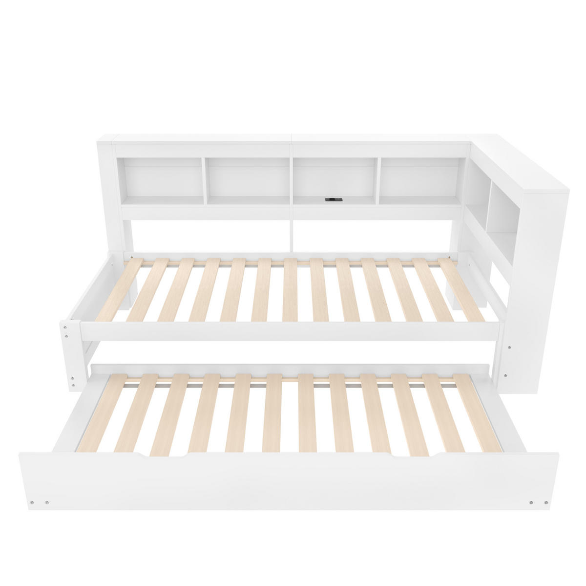 MULTIFUNKTIONSBETT 90/200 cm mit ausziehbarem Rollbett und 2 USB-Anschlüssen Weiß - Weiß, Holz (90/200cm) - OKWISH