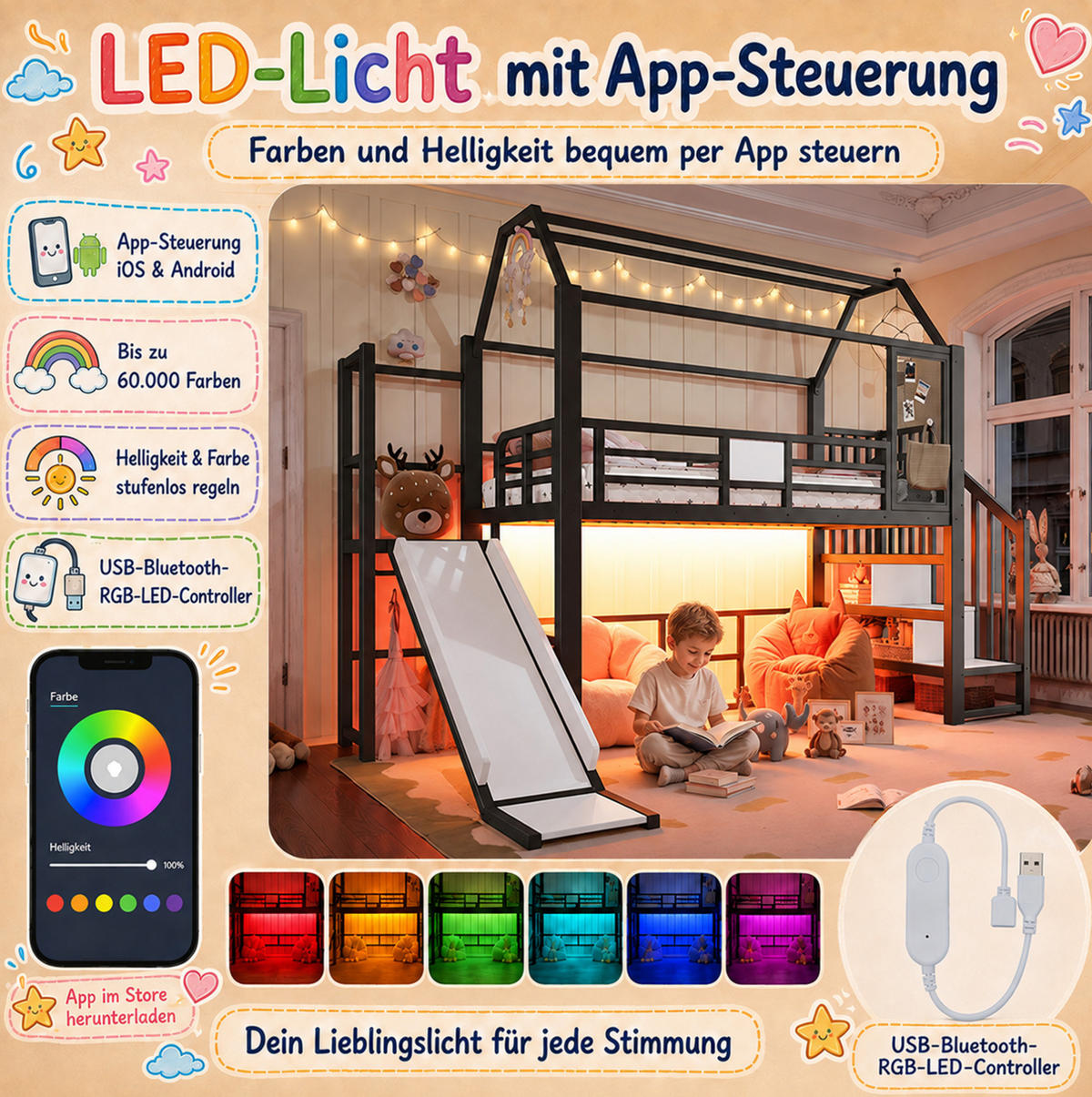 KINDERHOCHBETT MDF & Metall 90x200 cm Schwarz mit Rutsche, Treppe, Stauraumfächern und LED-Beleuchtung - Schwarz, Holzwerkstoff (90/200cm) - Modfu