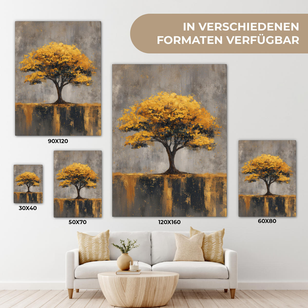 LEINWANDBILD Baum - Blätter - Gold - Abstrakt Room Decor 30x40 cm - Grau, Textil (30/40cm) - MuchoWow