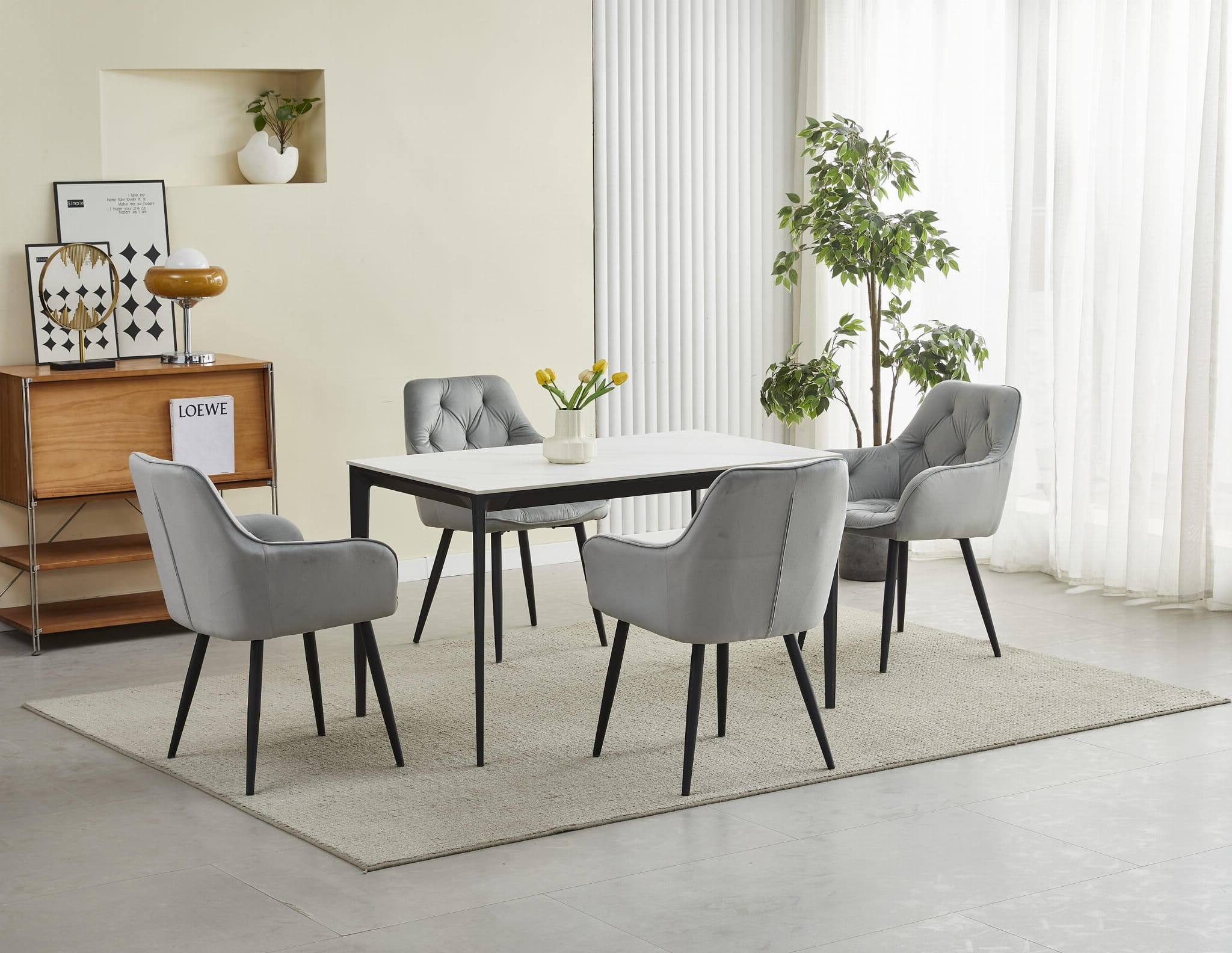 STUHL IRGOLI 6-er Set, Silbergrau, Schwarz, mit Samtstoff gepolstert - Hellgrau, Textil/Metall (56/84/62cm) - Komodee