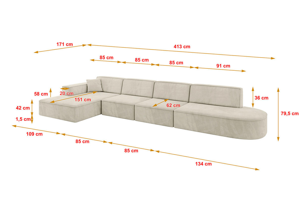 ECKSOFA Ottomane Links IREA-L3-v4 - 413x171x79 cm Dunkelgrau - Ecru, Holzwerkstoff/Textil (413/171cm) - ALTDECOR