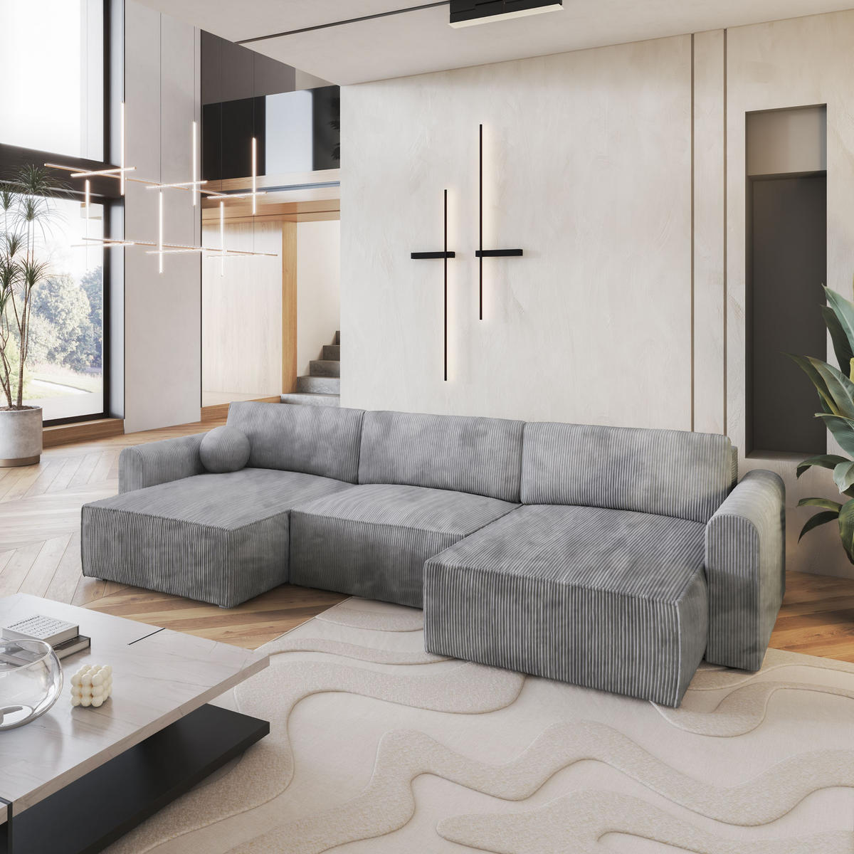 WOHNLANDSCHAFT FENTO P Hellgrau Kordstoff mit Schlaffunktion - Hellgrau, Holz (347/90/148cm) - MASSENO