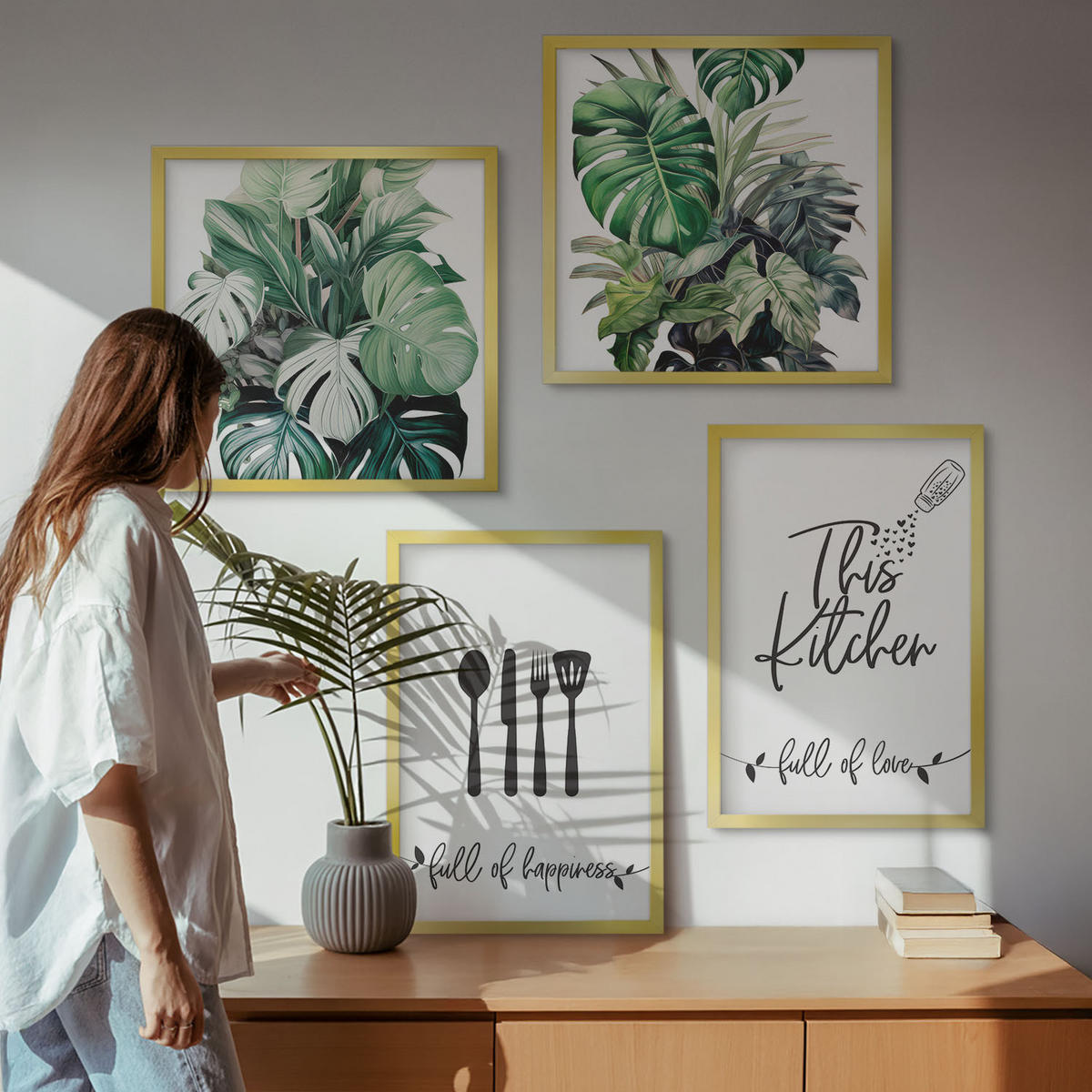 BILDER SET 4er Set - 50x50 cm & 40x60 cm Goldrahmen - Küchenutensilienmuster Blätter - Goldfarben, Kunststoff (50/50cm) - TULUP