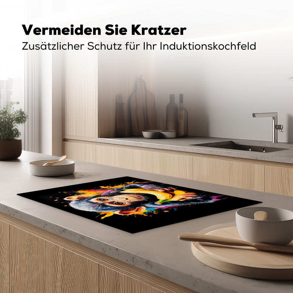 HERDABDECKPLATTE Affe - Graffiti - Farbenfroh - Bananen - Modern Herdabdeckung Induktionsfeld 75x52 cm - Gelb, Kunststoff (75/52/0.2cm) - MuchoWow