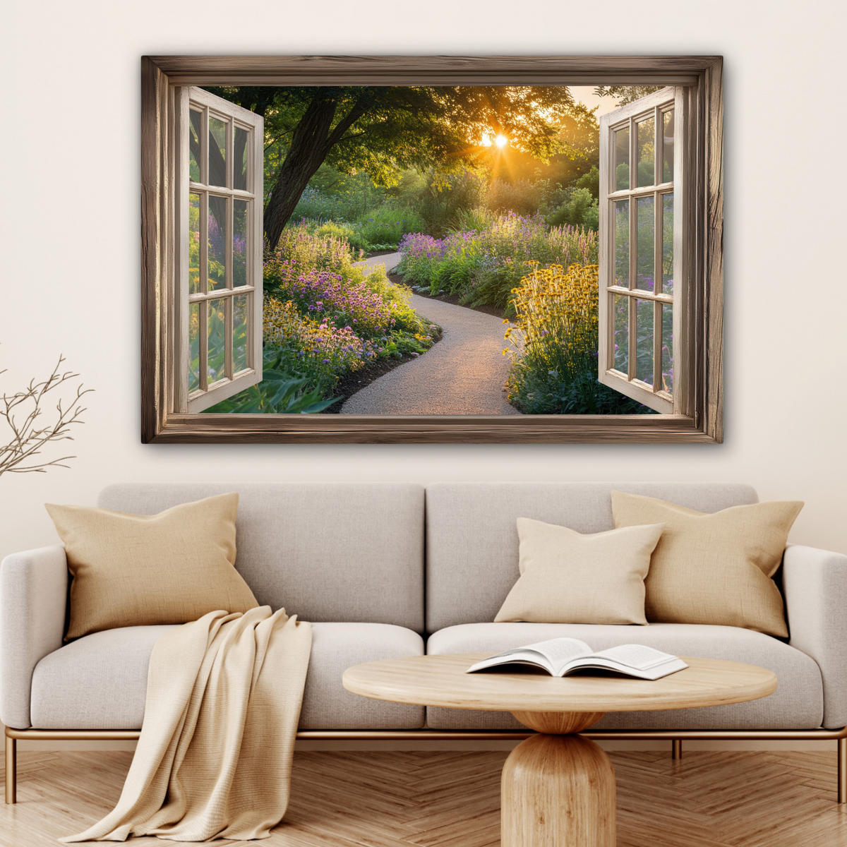 LEINWANDBILD Aussicht - Blumen - Natur - Sonne - Weg Wohnzimmer 120x80 cm - Hellgelb, Textil (120/80cm) - MuchoWow