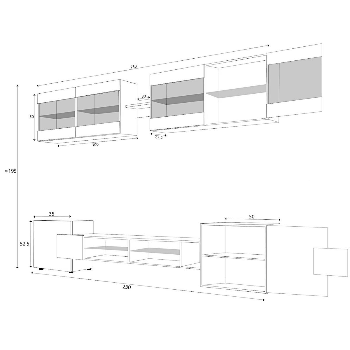 WOHNZIMMERSET Foggia, 6er-Set, Weiß, Front Eiche Wotan, LED Blau - Eiche Wotan/Schwarz, Glas/Holzwerkstoff (230/190/45cm) - Komodee