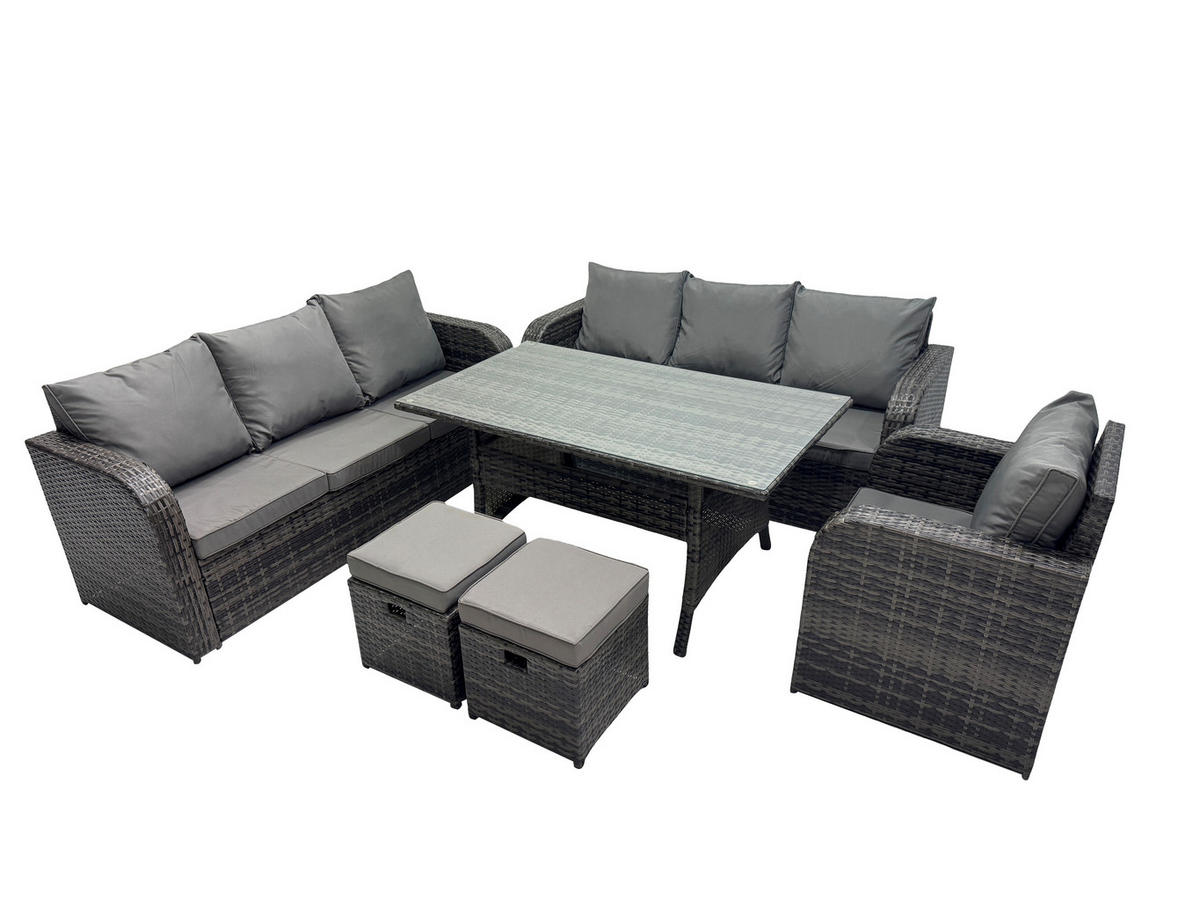 LOUNGEGARNITUR Polyrattan Dunkelgrau 9-Sitzer - Dunkelgrau/Grau, Glas/Kunststoff - Fimous