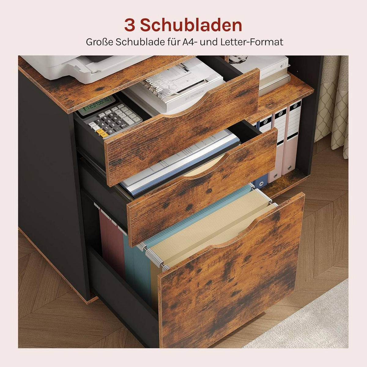 ROLLCONTAINER mit 3 Schubladen,5 Rollen, Rustikales Braun - Dunkelbraun/Schwarz, Holzwerkstoff (80/69.5/39.5cm) - Woltu