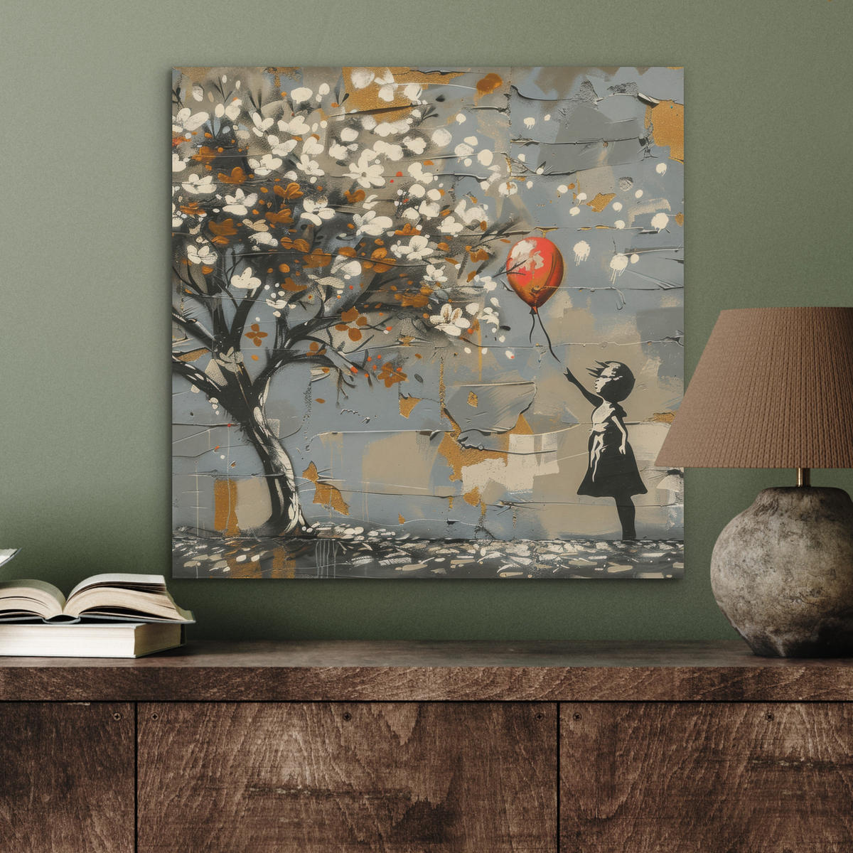 AKUSTIKBILD Baum - Graffiti - Banksy-Stil - Ballon-Mädchen Wandbilder 60x60 cm - Blaugrau, Kunststoff (60/60/0.9cm) - MuchoWow
