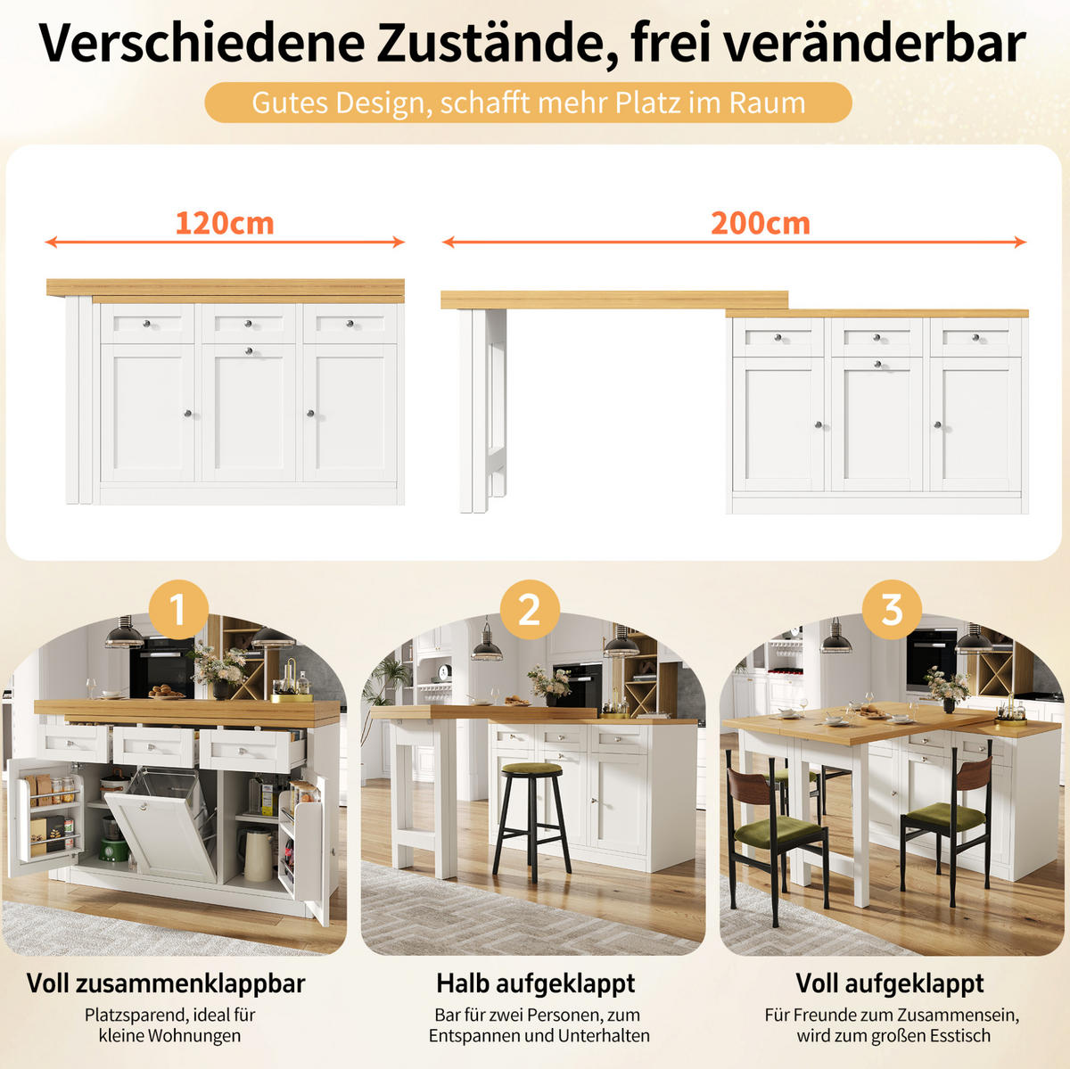 BARTISCH ausziehbar 120-200 cm MDF Weiß mit Stauraum - Weiß, Holzwerkstoff (200/40/75.5cm) - Meubliv
