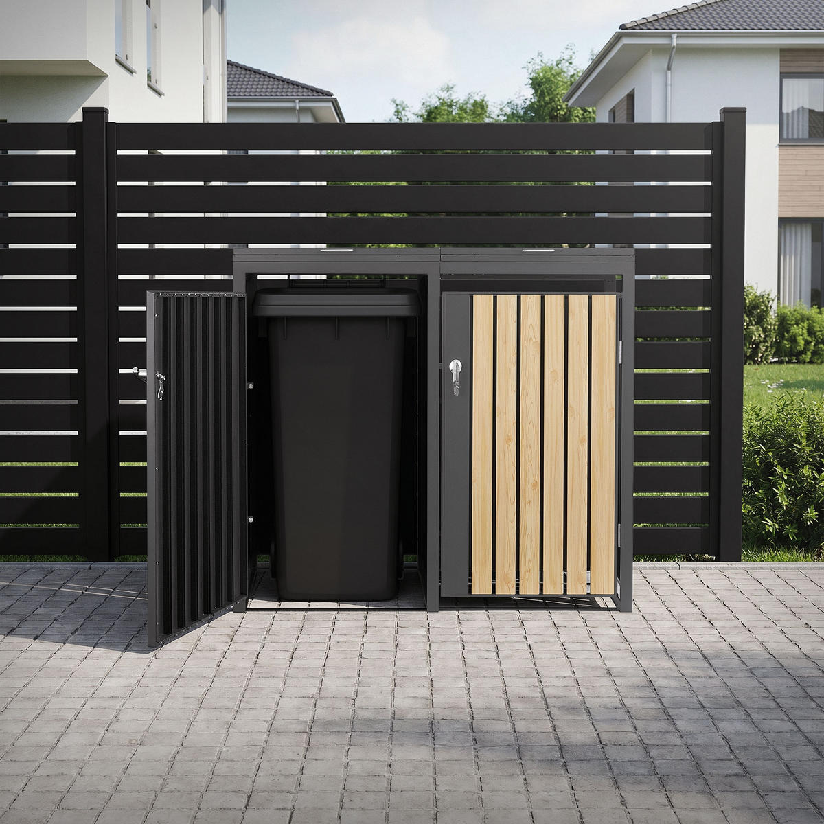 MÜLLTONNENBOX 2er Anthrazit-Lärchenoptik - Naturfarben, Metall (132/120/80cm) - ML-DESIGN