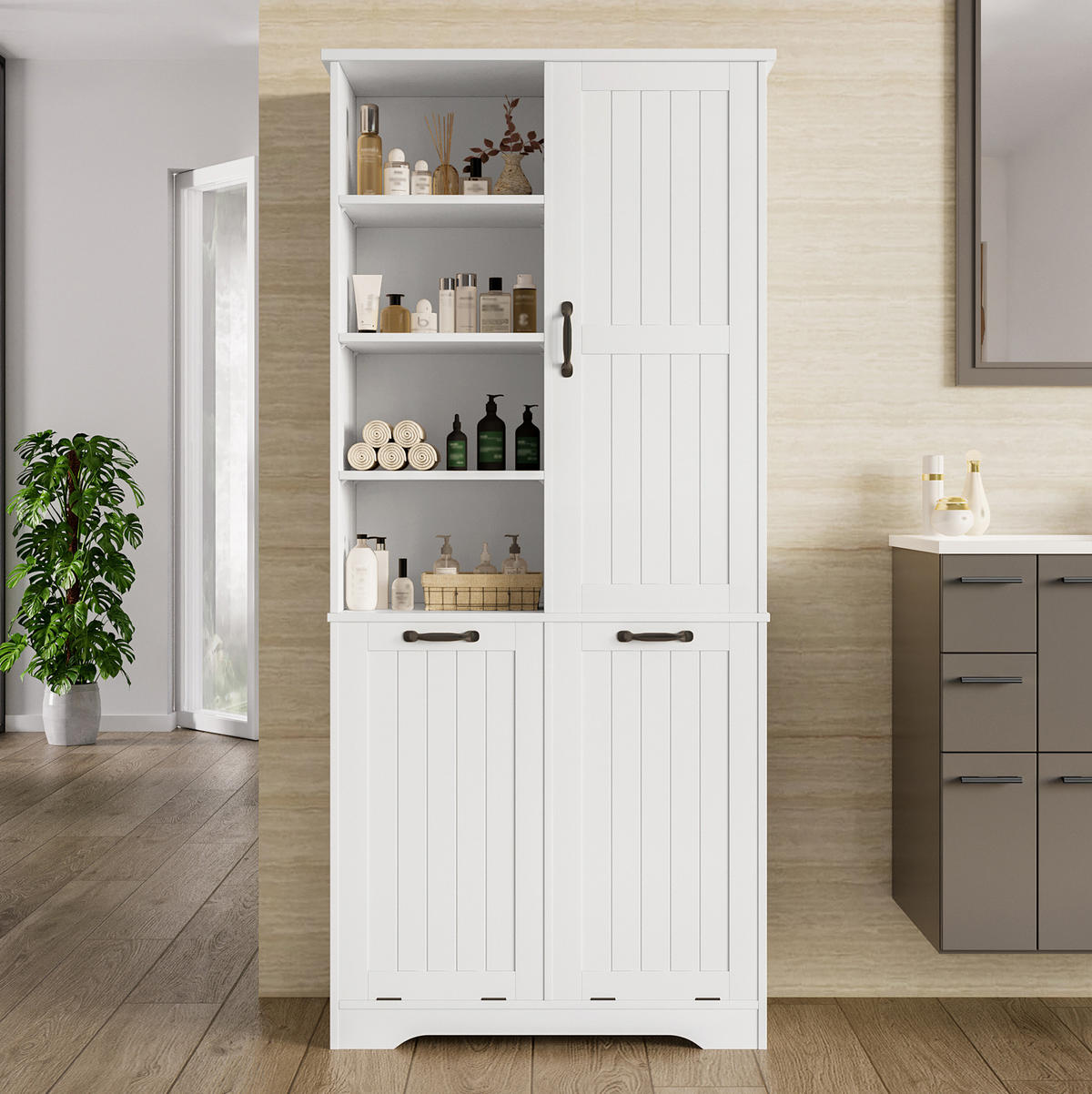 HOCHSCHRANK 78/35/172,7 cm aus MDF mit doppeltem Wäschekorb Weiß - Weiß, Holzwerkstoff (78/172.7/35cm) - Modenvie