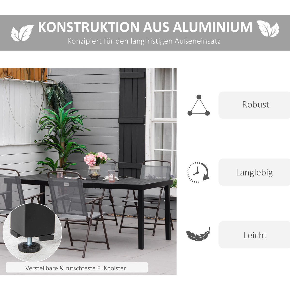 GARTENTISCH aus Aluminium 190x90x74 cm Schwarz mit Holzoptik und verstellbaren Fußpolstern - Schwarz, Metall (190/90/74cm) - Modfu
