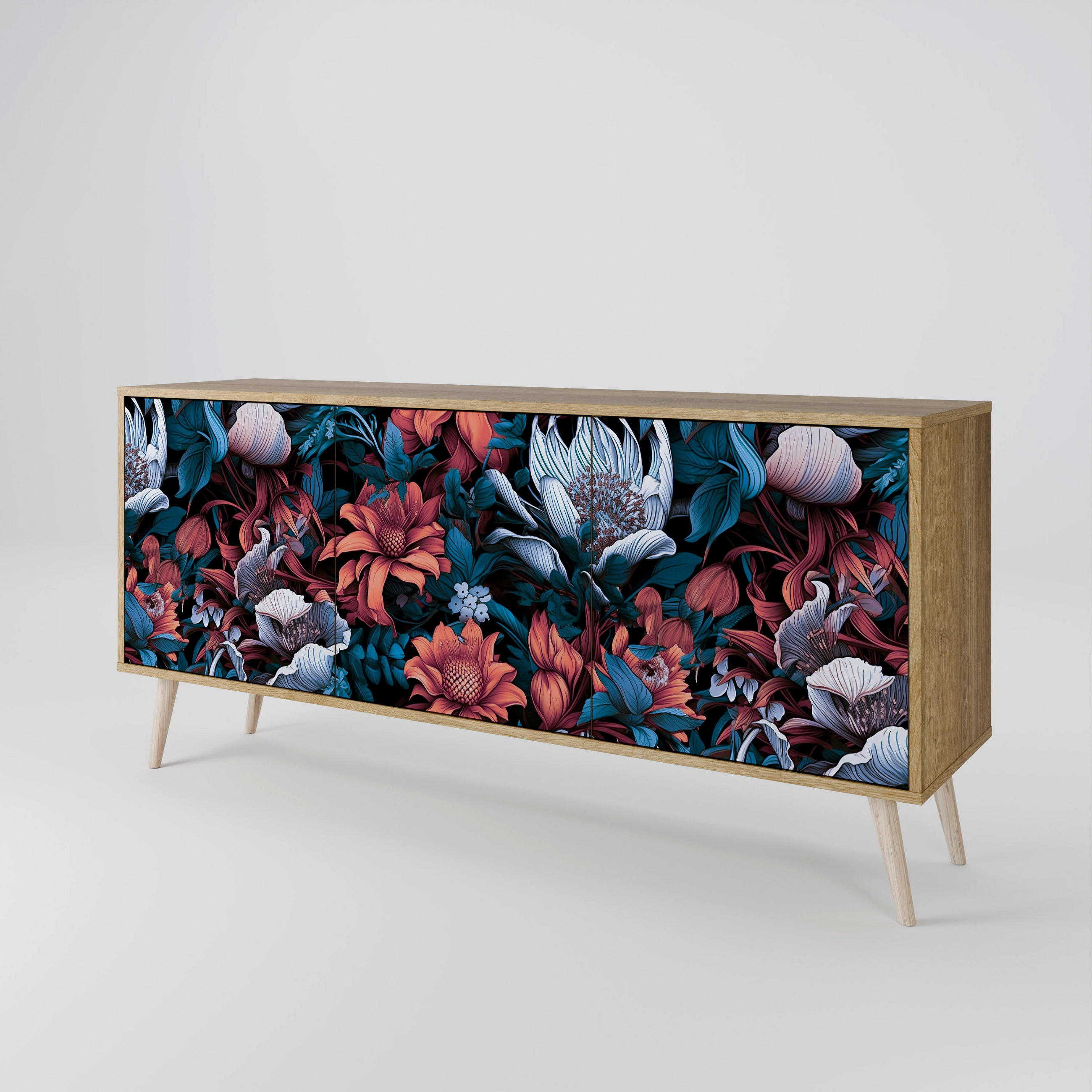 SIDEBOARD ETHEREAL BLOSSOMS, Eicheneffekt, 164,5x42x77,5 cm, 3 Türen - Eichefarben/Buchefarben, Holzwerkstoff/Buchenholz (164.5/77.5/42cm) - SpaceRebels