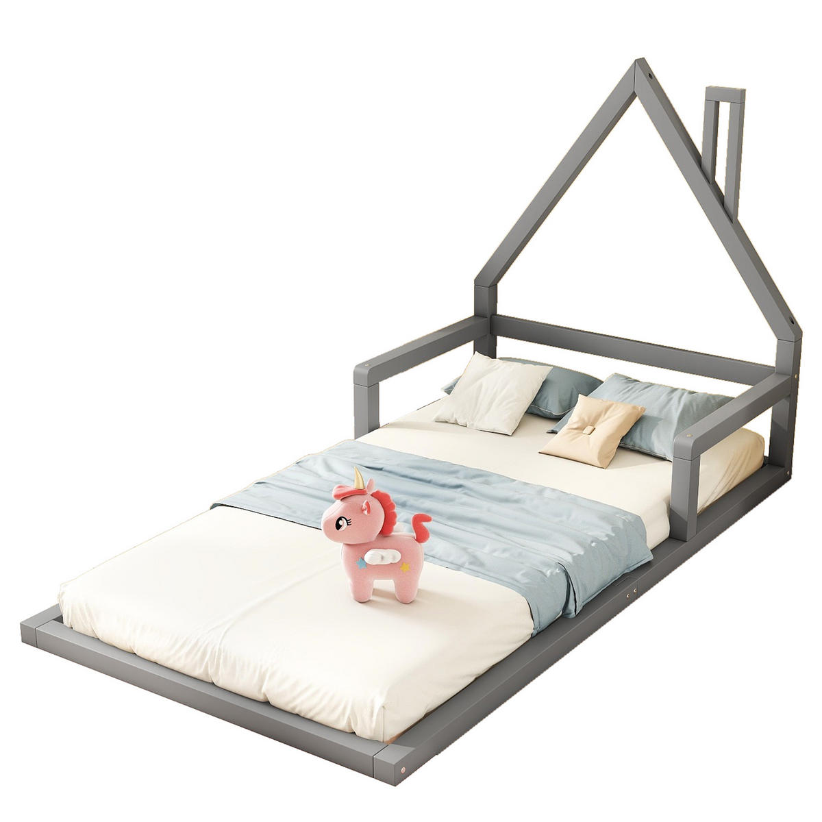 HAUSBETT 90/200 cm grau Hausform aus Kiefer massiv - Grau, Holz (90/200cm) - OKWISH